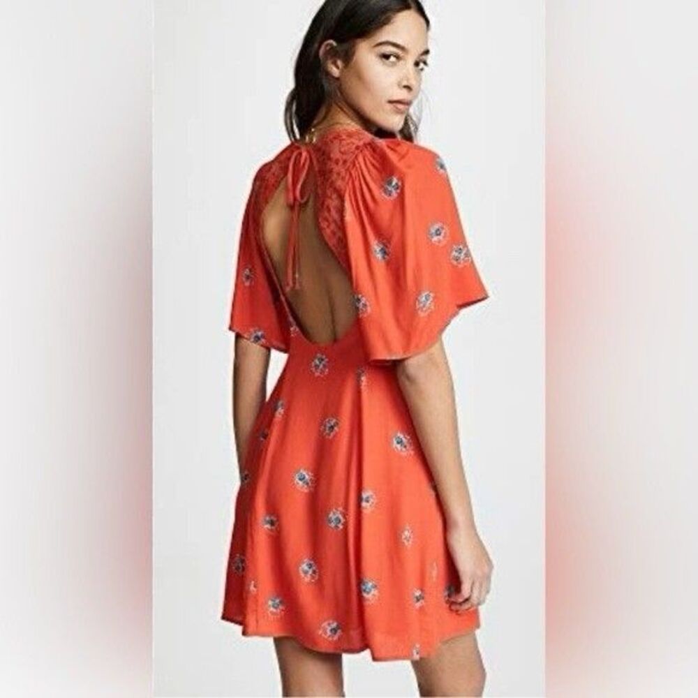 Free People Mockingbird Dress 6 Backless Mini Orange Red Lace Flirty Floral Boho - Picture 15 of 16